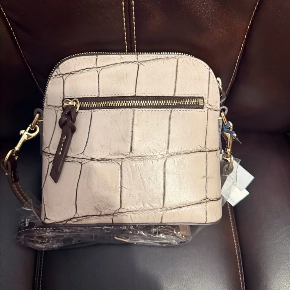 Dooney & Bourke Croc-Embossed Mini Crossbody in Pale Pink with Gold Hardware
